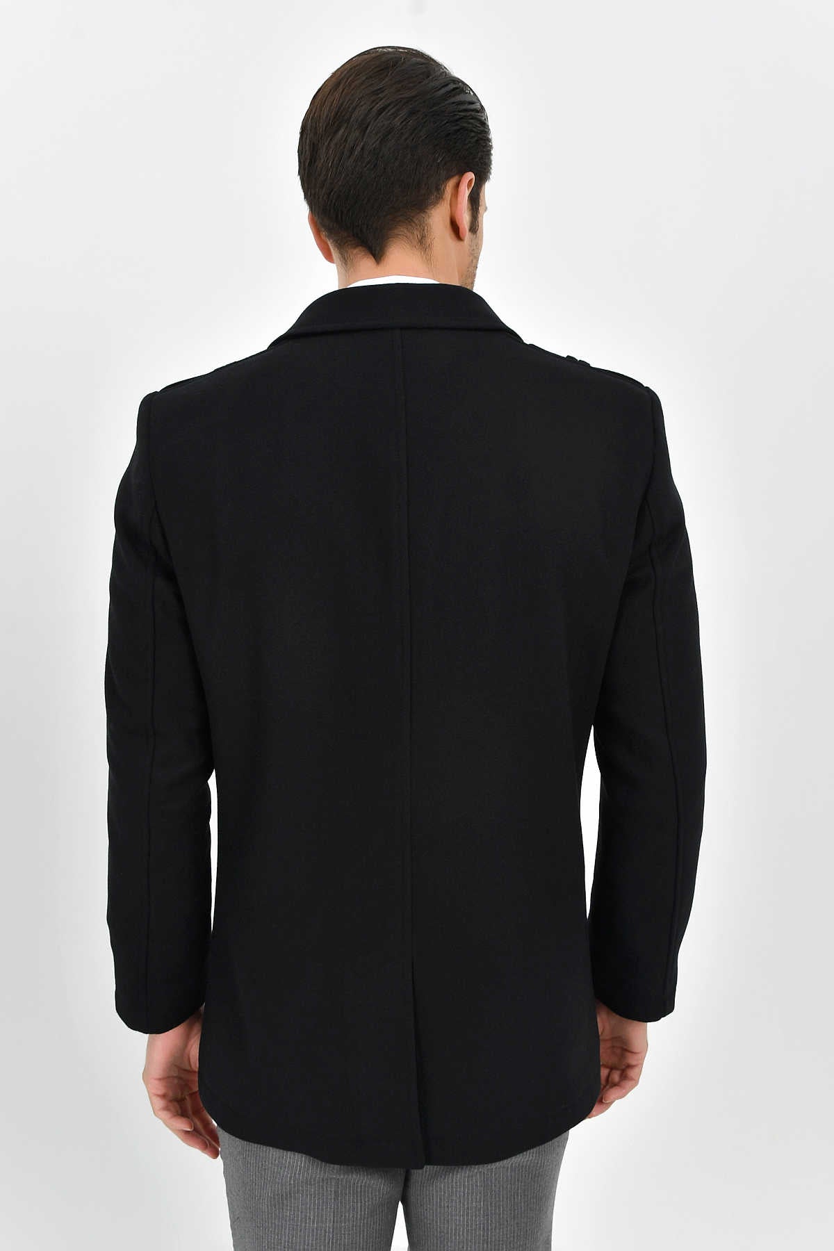 Regular Fit Cachet Flat Collar Wool Blend Black Coat - SAYKI