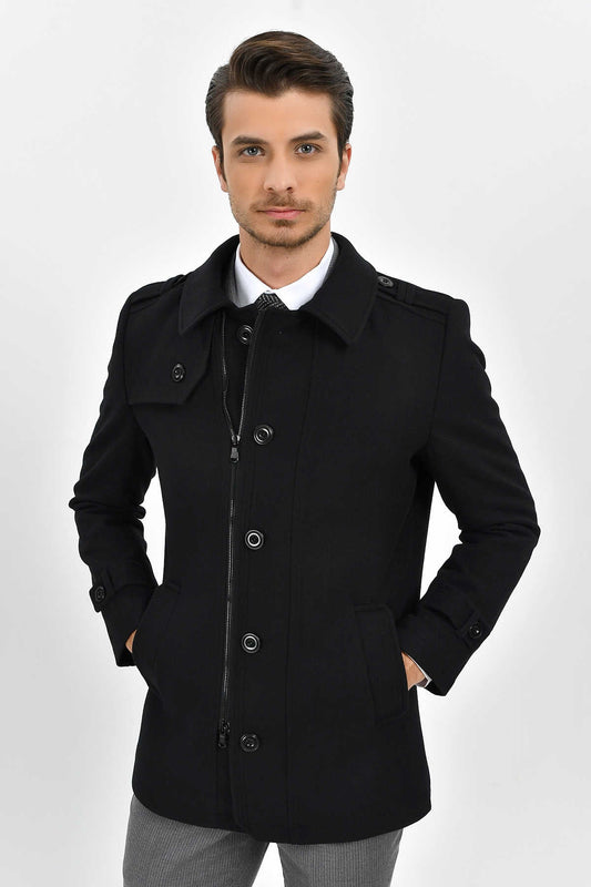 Regular Fit Cachet Flat Collar Wool Blend Black Coat - SAYKI