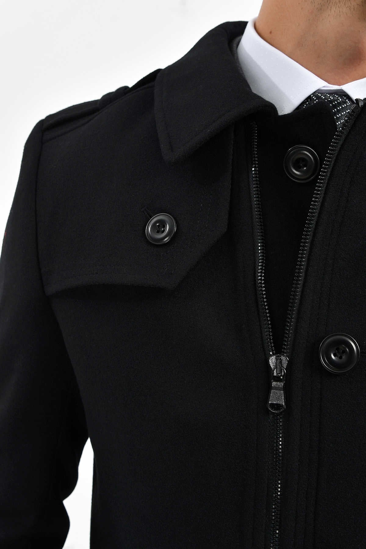 Regular Fit Cachet Flat Collar Wool Blend Black Coat - SAYKI