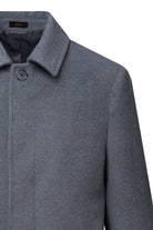Gray woolen coat with a classic collar and a single button closure.