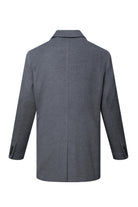 A sleek, dark gray wool blazer with a subtle textured weave and classic notched lapel.