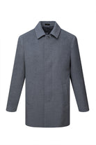A sleek, charcoal-gray wool-blend coat with a subtle textured pattern and classic notched collar.