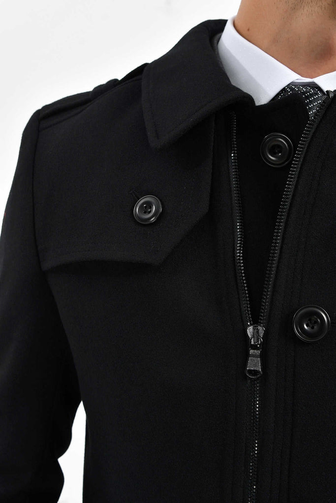 Regular Fit Cachet Kyoto Flat Collar Wool Blend Black Coat