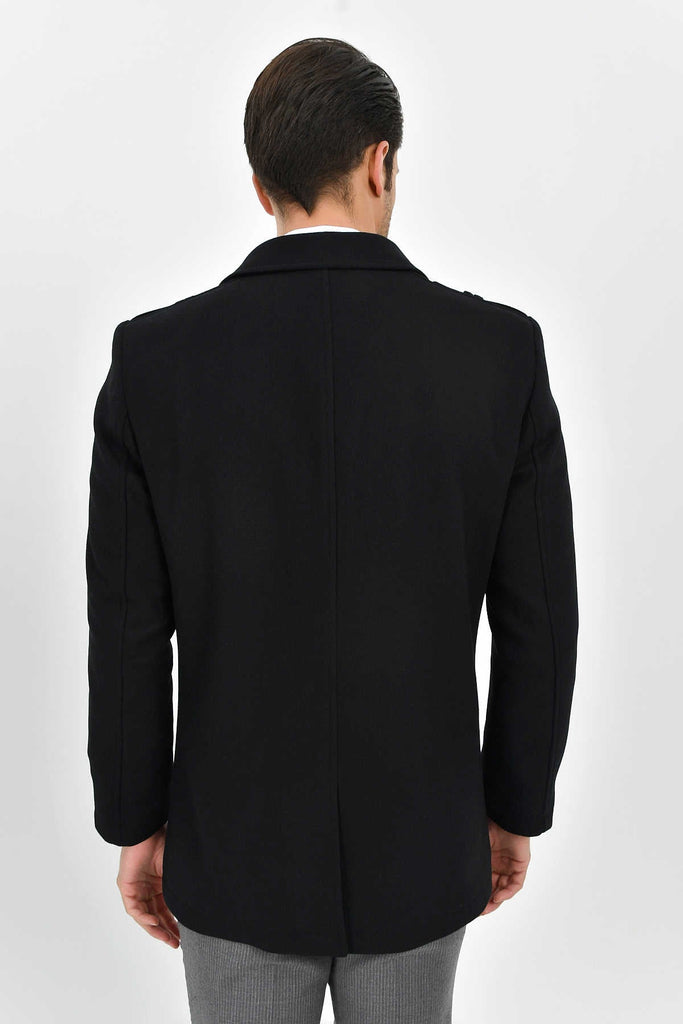 Regular Fit Cachet Kyoto Flat Collar Wool Blend Black Coat