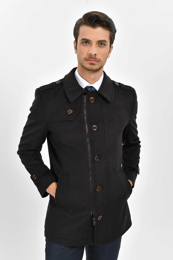 Regular Fit Cachet Kyoto Flat Collar Wool Blend Brown Coat