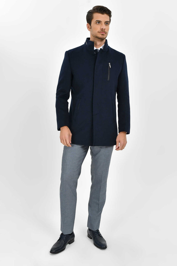 Regular Fit Cachet Pars Stand Collar Wool Blend Navy Coat -