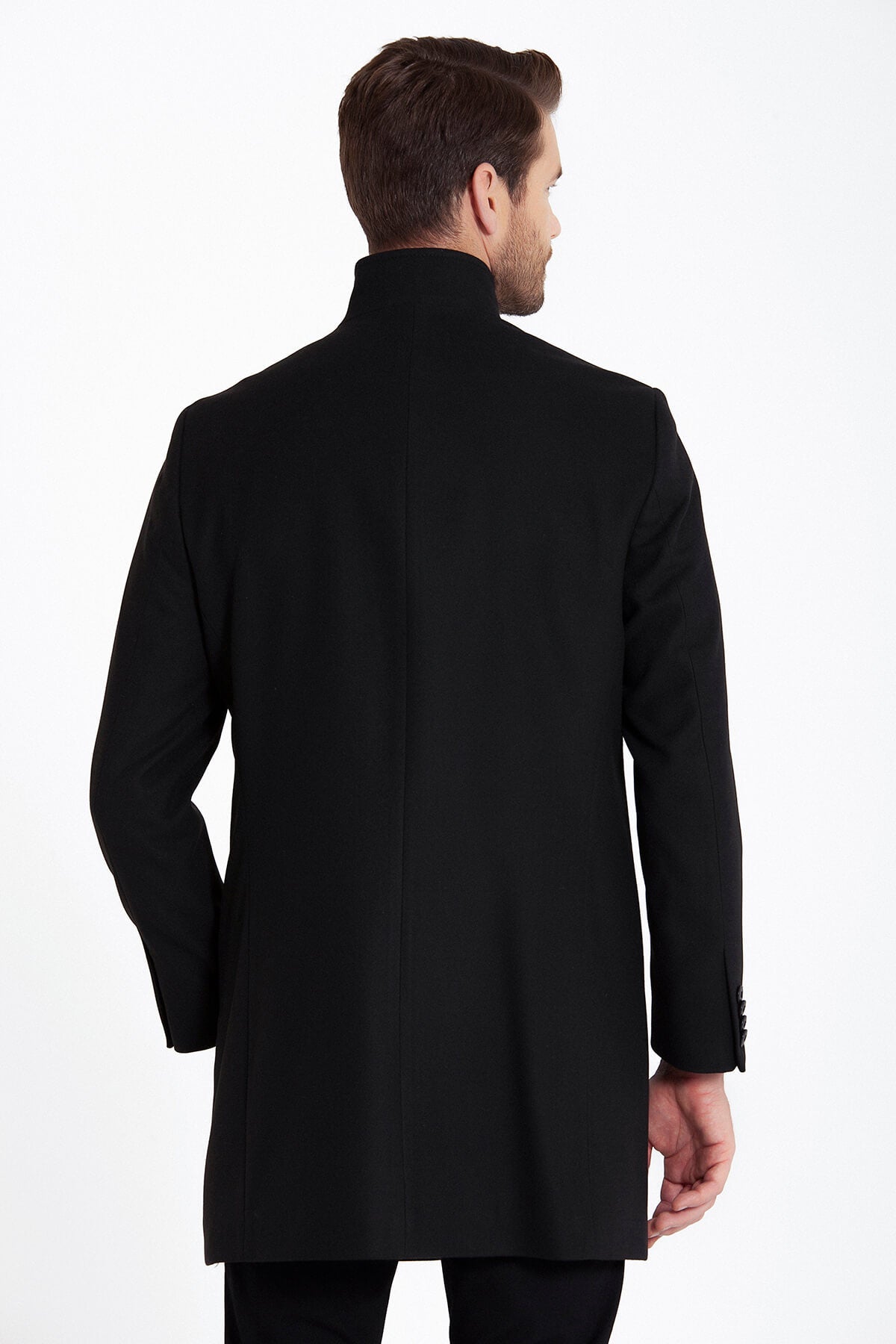 Regular Fit Cachet Stand Collar Black Overcoat - SAYKI