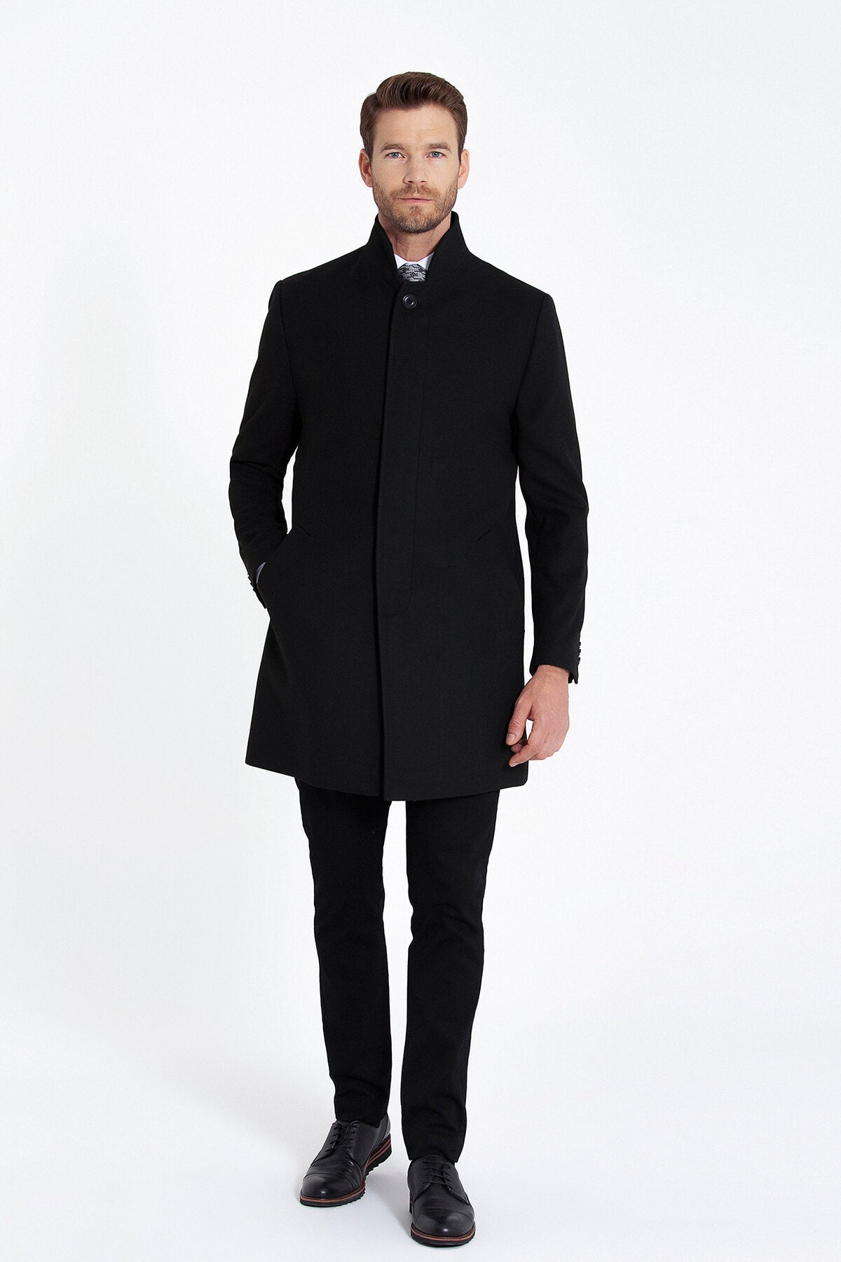 Regular Fit Cachet Stand Collar Black Overcoat - SAYKI