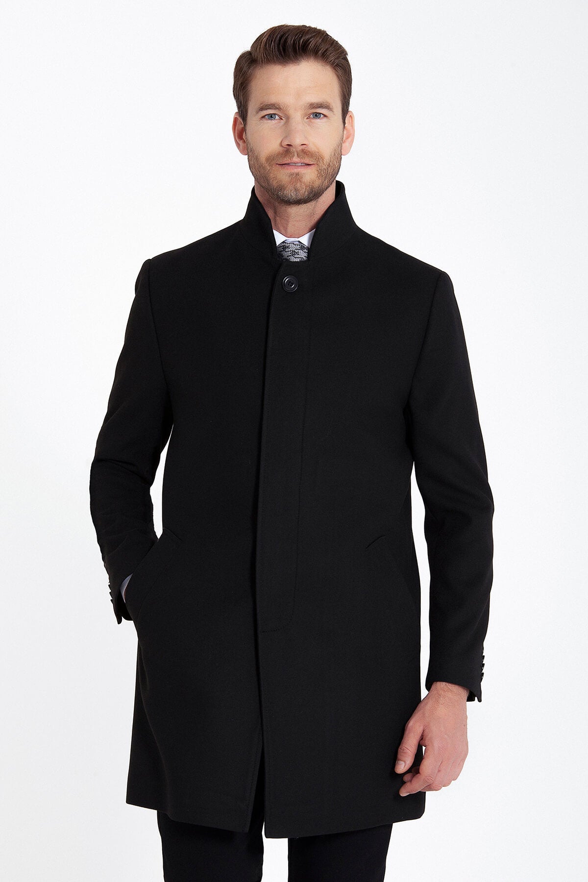 Regular Fit Cachet Stand Collar Black Overcoat - SAYKI