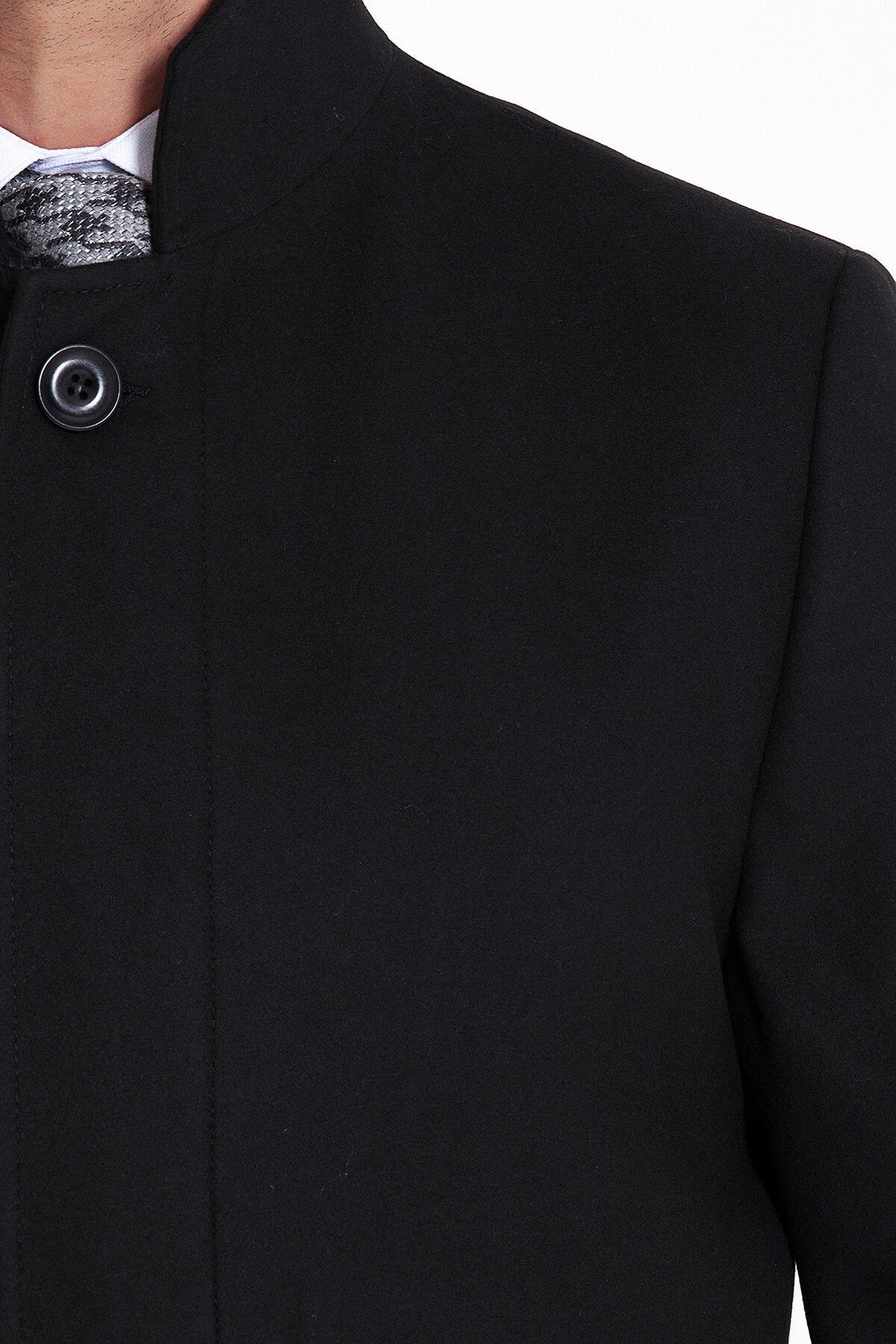 Regular Fit Cachet Stand Collar Black Overcoat - SAYKI