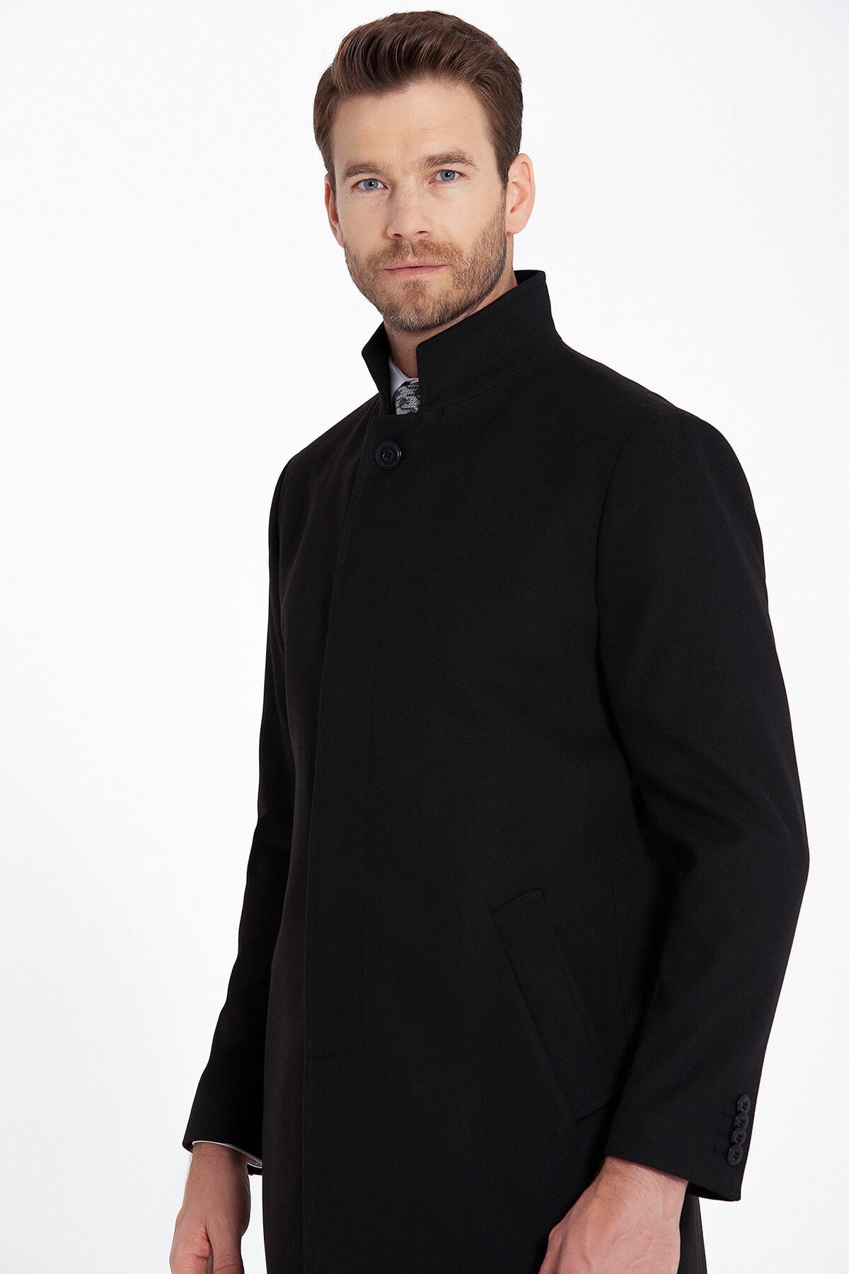 Regular Fit Cachet Stand Collar Black Overcoat - SAYKI