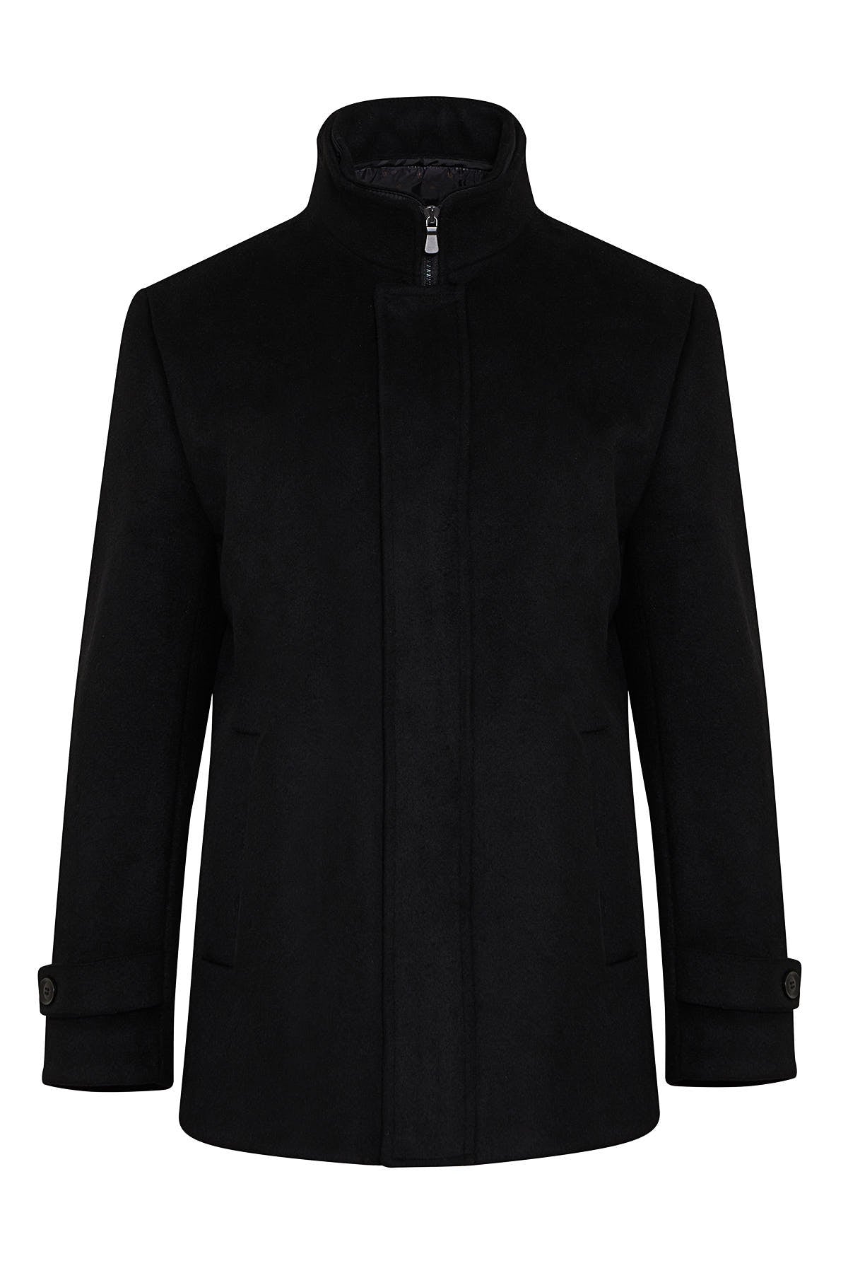 Black wool blend trench coat with a high collar and silver-toned zipper.