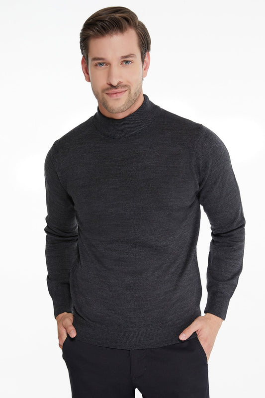 Regular Fit Charcoal Mock Neck Sweater - SAYKI