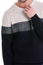 Regular Fit Colorblock Ribbed Navy Crewneck Sweater - SAYKI