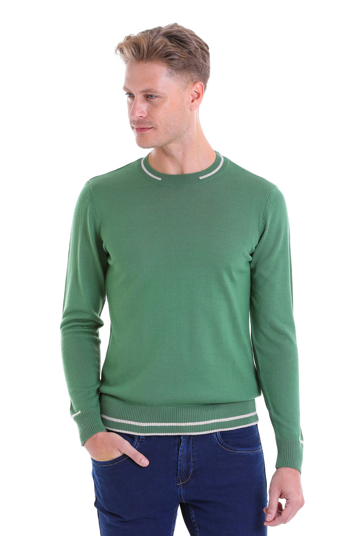 Regular Fit Contrast Ribbed Trim Green Crewneck Sweater