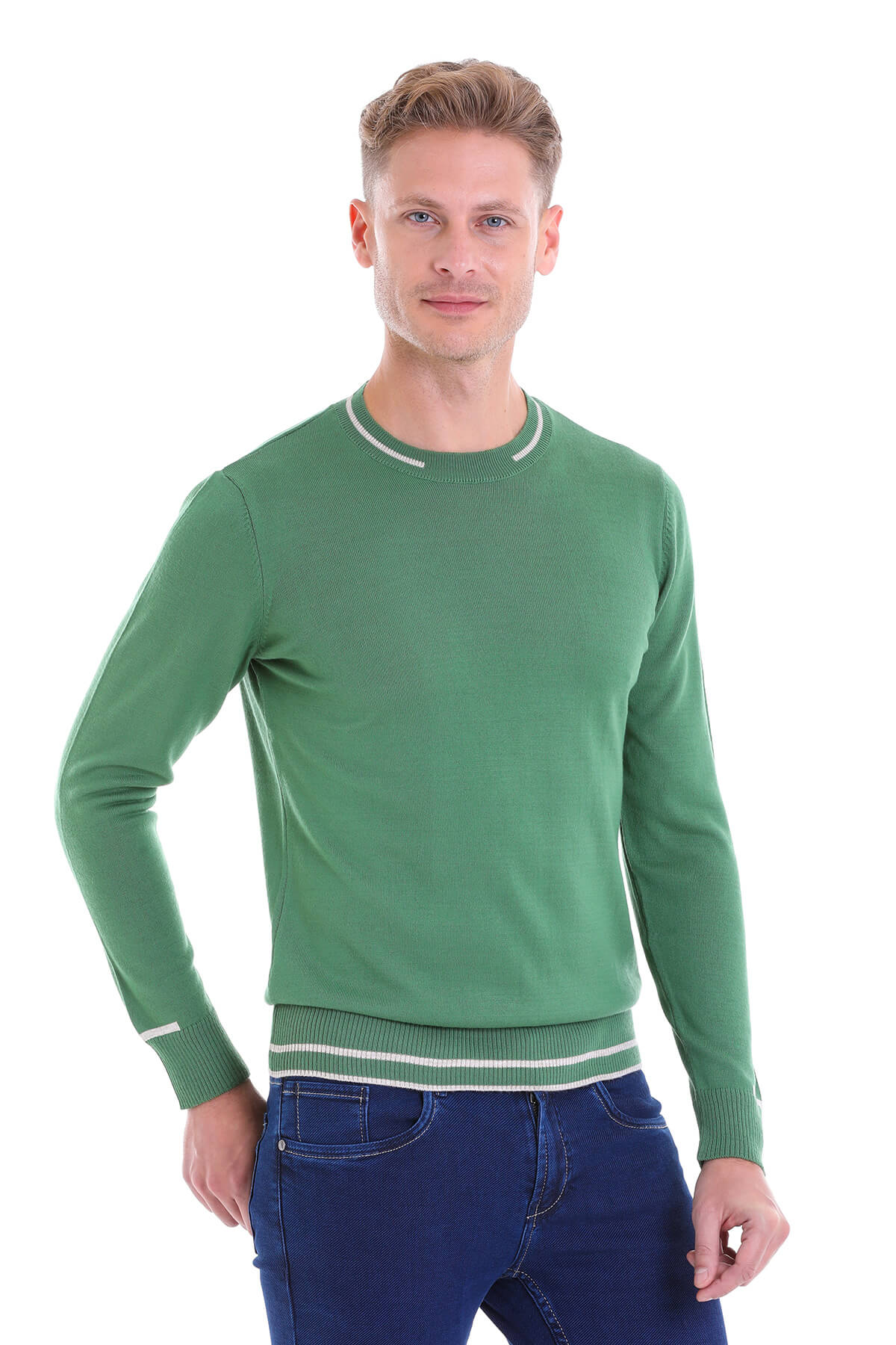 Regular Fit Contrast Ribbed Trim Green Crewneck Sweater