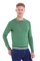 Regular Fit Contrast Ribbed Trim Green Crewneck Sweater