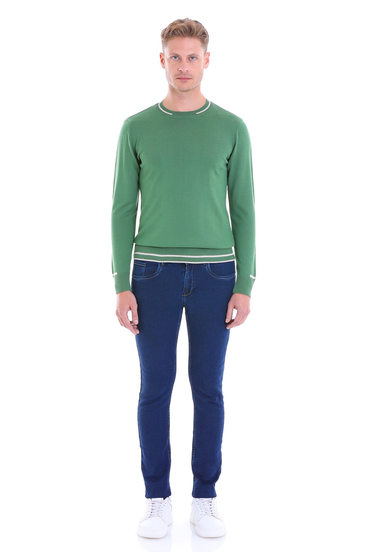 Regular Fit Contrast Ribbed Trim Green Crewneck Sweater