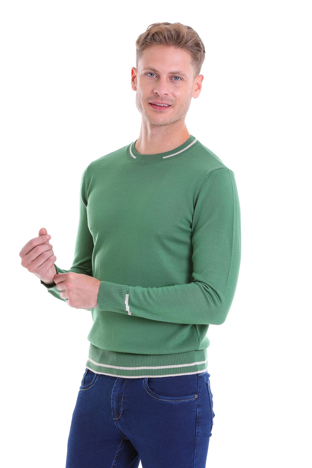 Regular Fit Contrast Ribbed Trim Green Crewneck Sweater