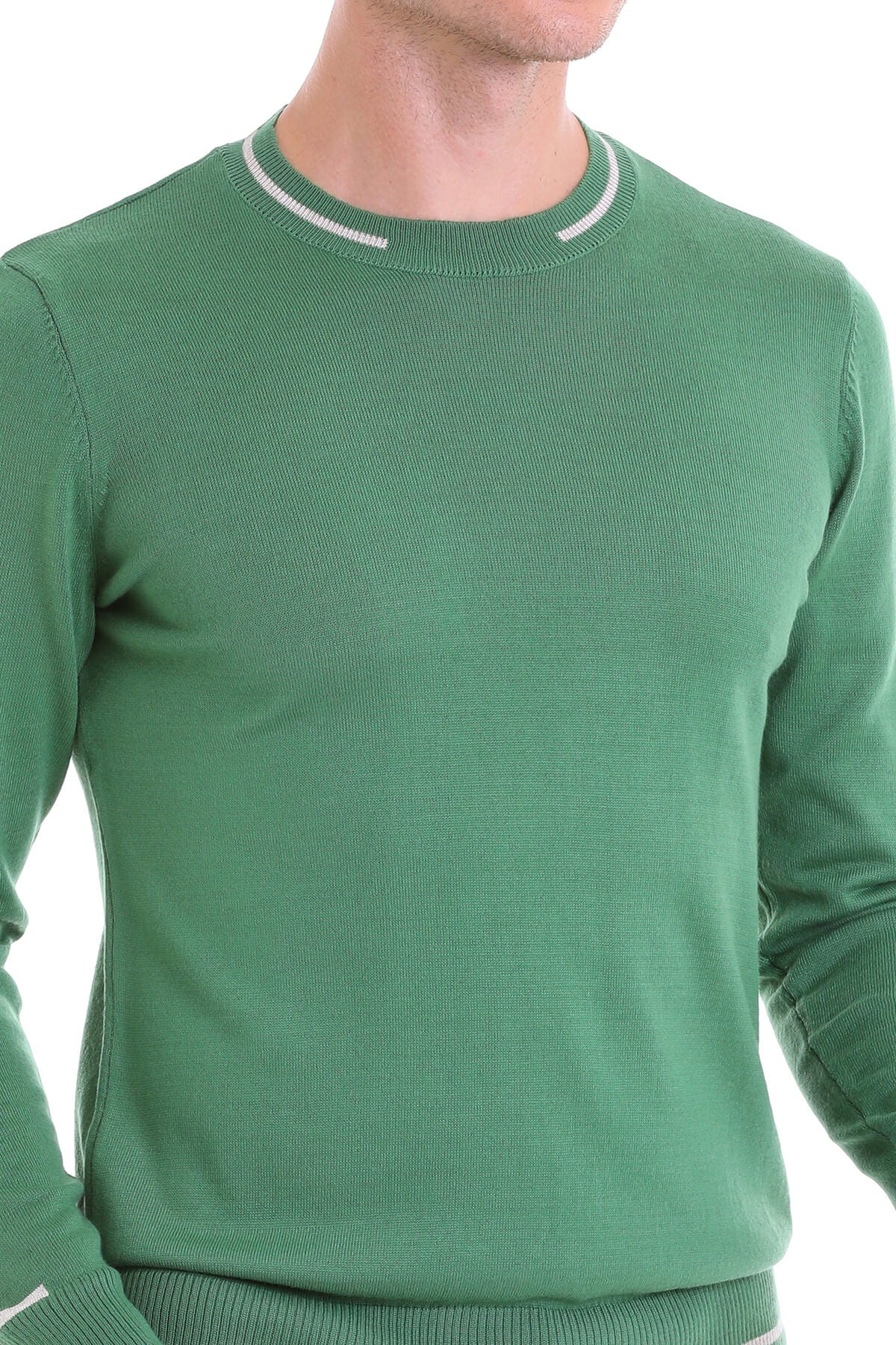 Regular Fit Contrast Ribbed Trim Green Crewneck Sweater