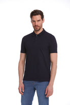 Black short-sleeved polo shirt with a classic collar and button placket.