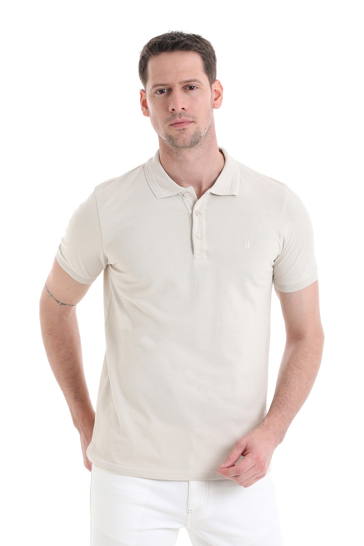 Beige short-sleeved polo shirt with a classic collar and subtle embroidered logo on the chest.