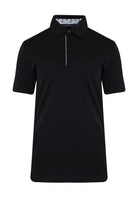 Black short-sleeved polo shirt with a subtle white zipper detail along the placket and a patterned inner collar.