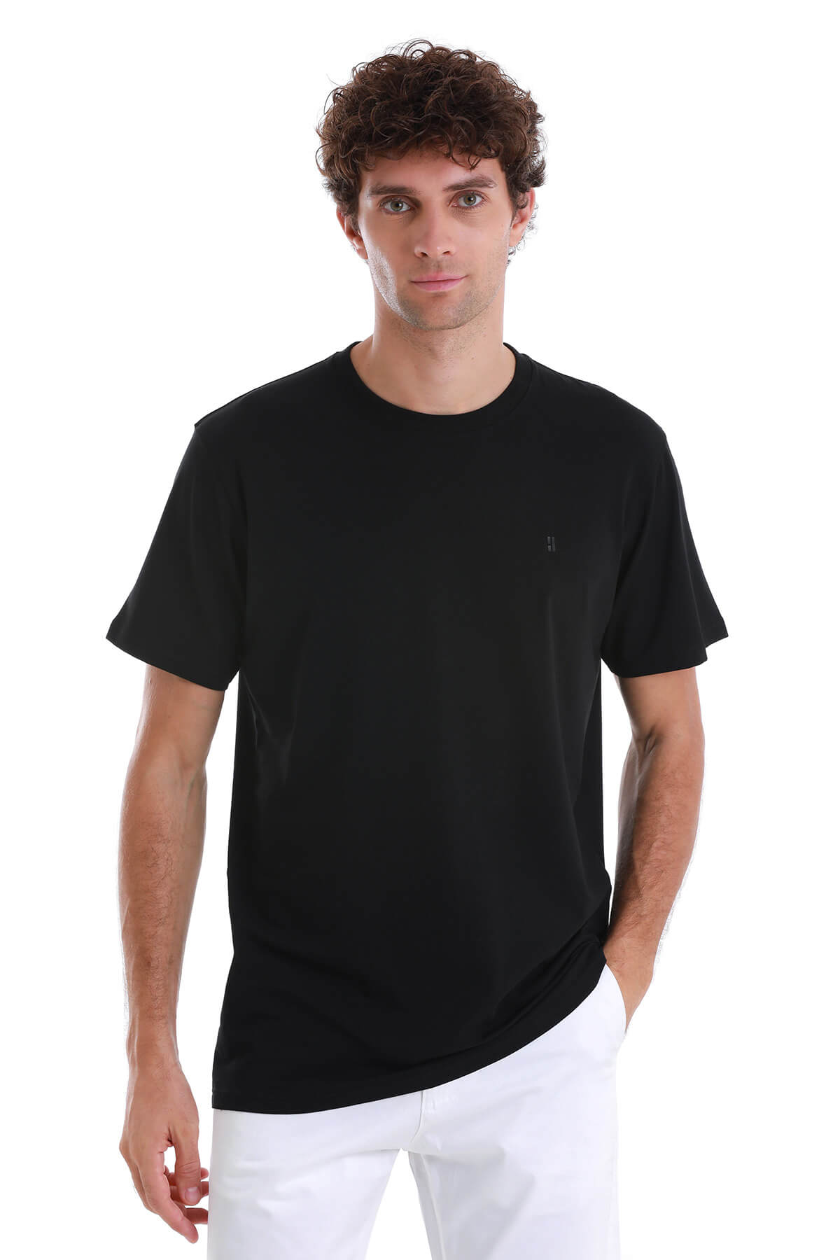 Regular Fit Cotton Blend Black Crewneck T-Shirt - SAYKI