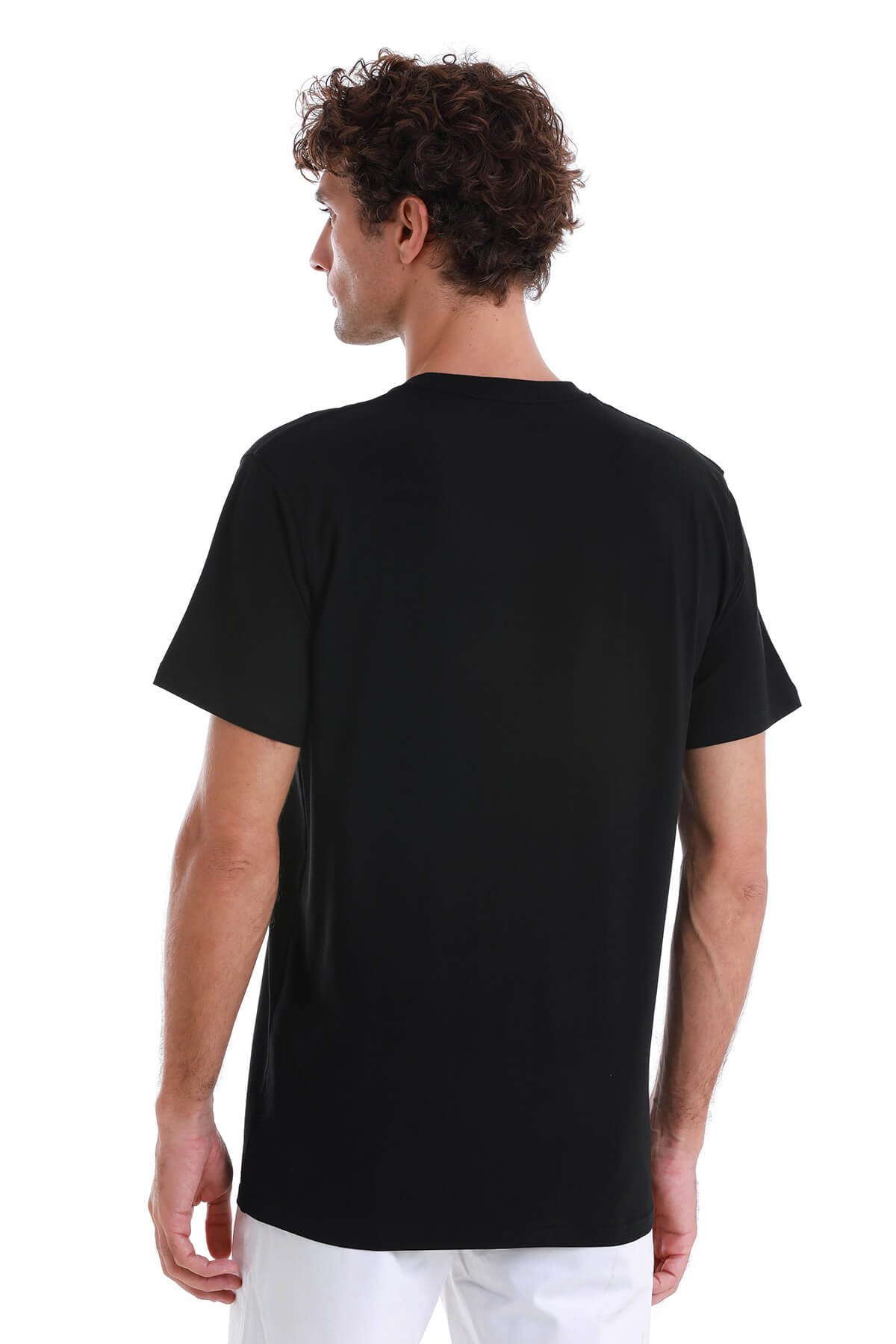 Regular Fit Cotton Blend Black Crewneck T-Shirt - SAYKI