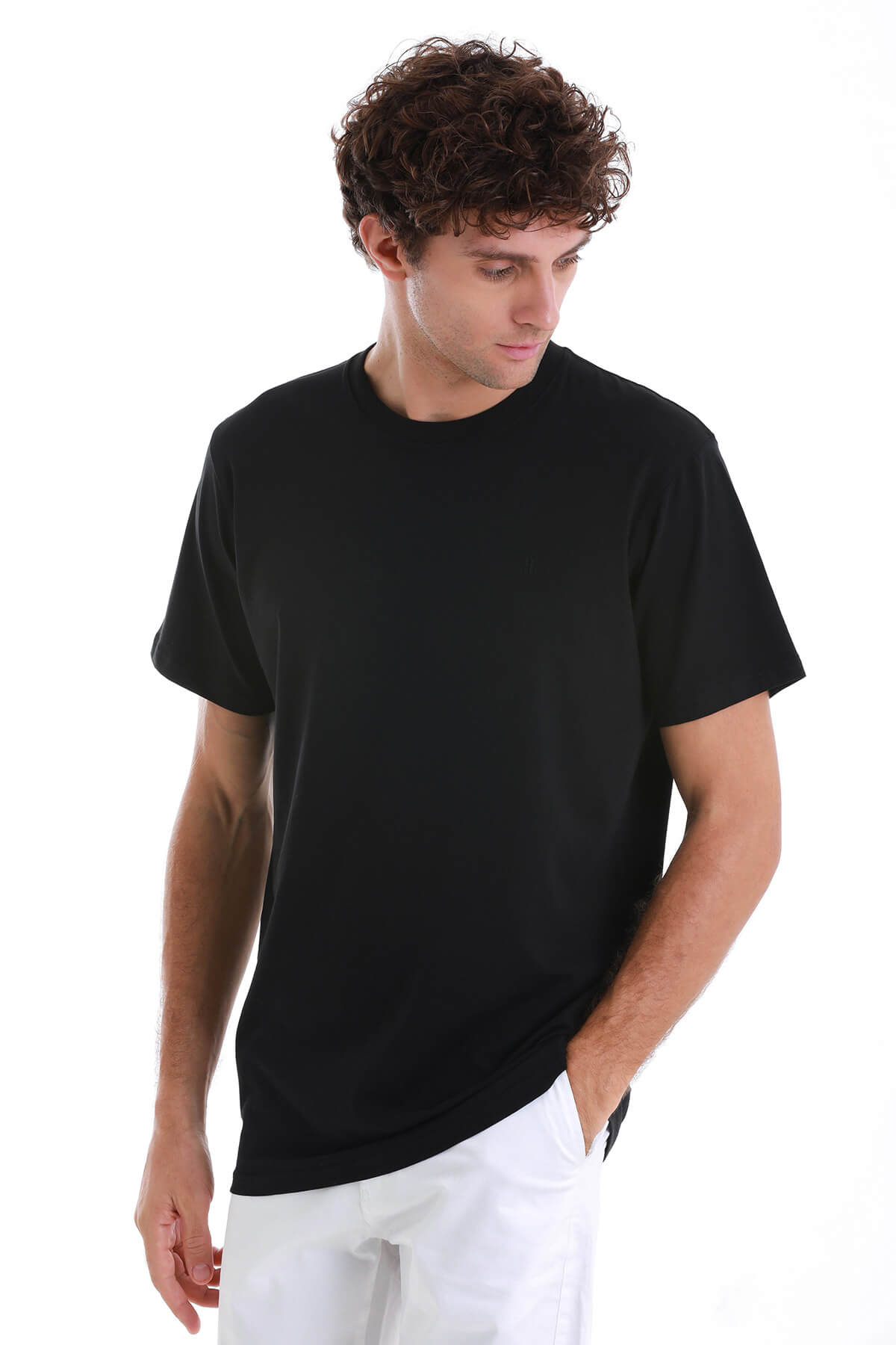 Regular Fit Cotton Blend Black Crewneck T-Shirt - SAYKI