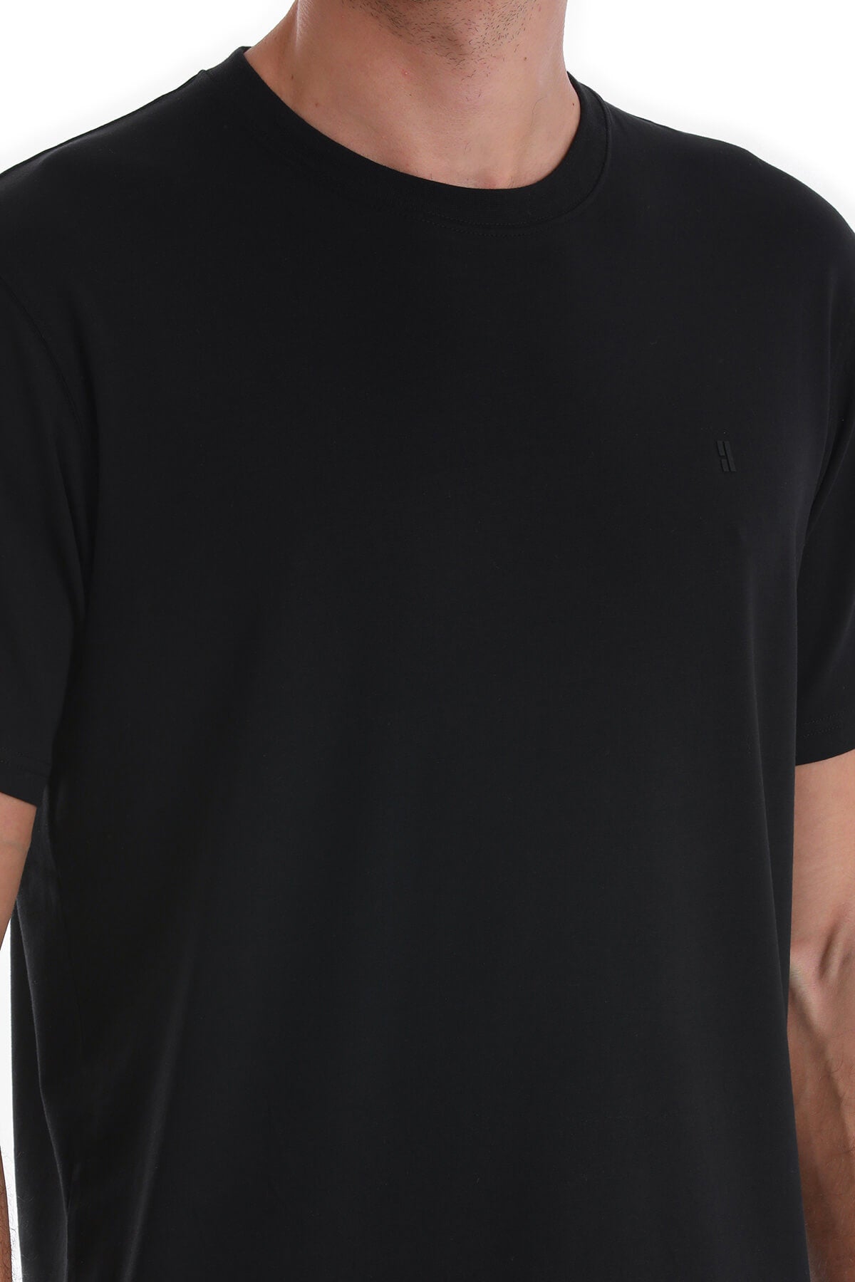 Regular Fit Cotton Blend Black Crewneck T-Shirt - SAYKI