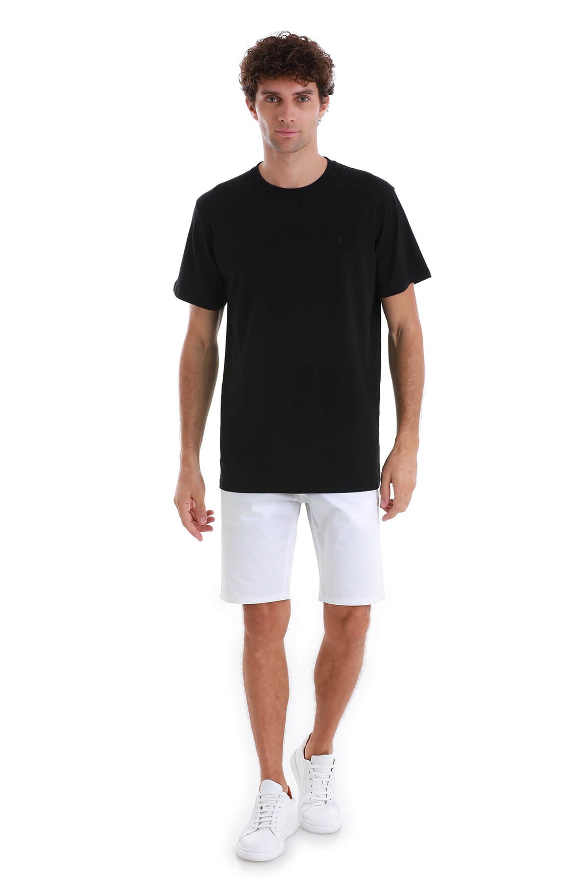 Regular Fit Cotton Blend Black Crewneck T-Shirt - SAYKI