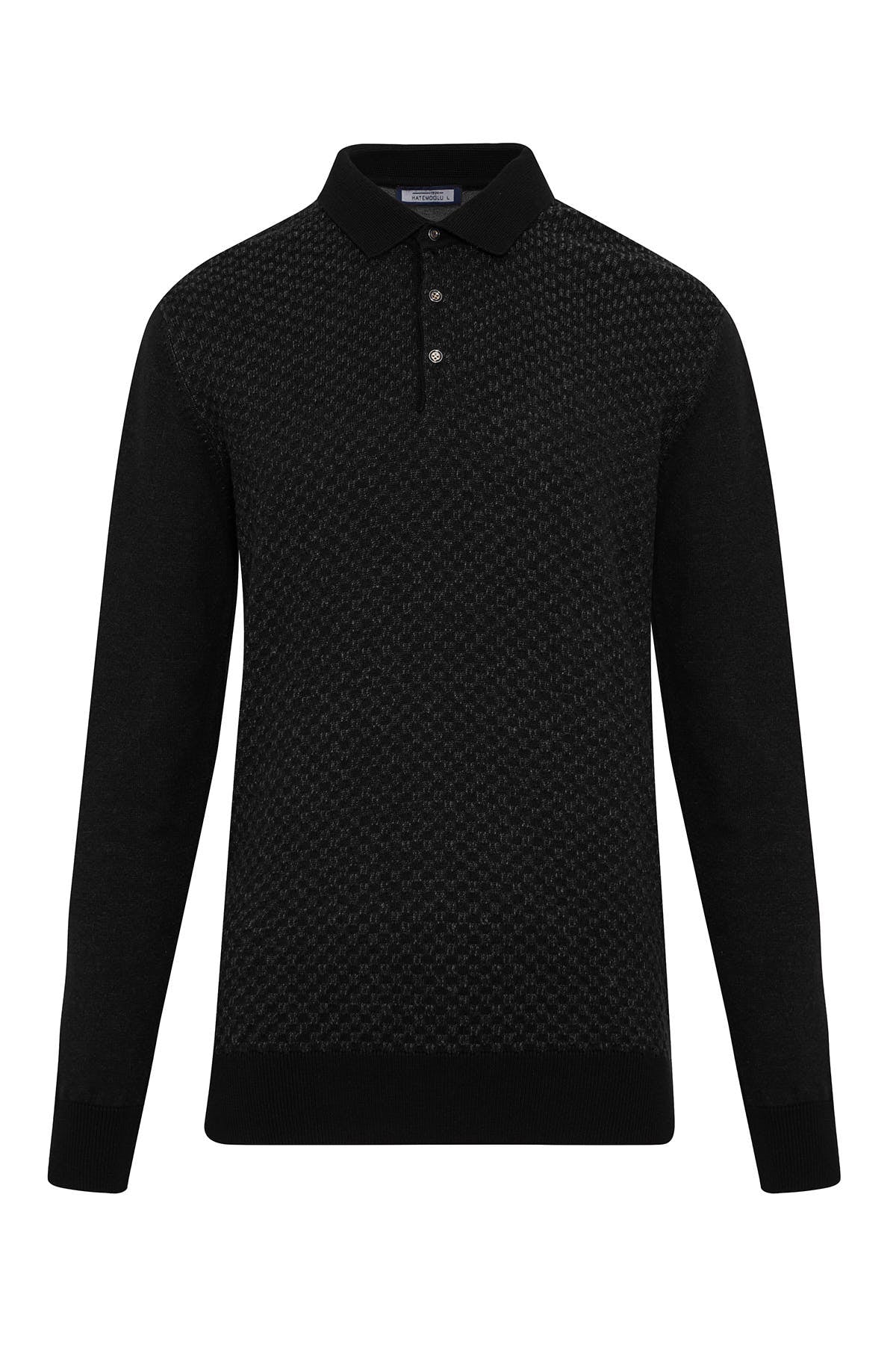 Black textured knit polo shirt with solid black sleeves and collar.