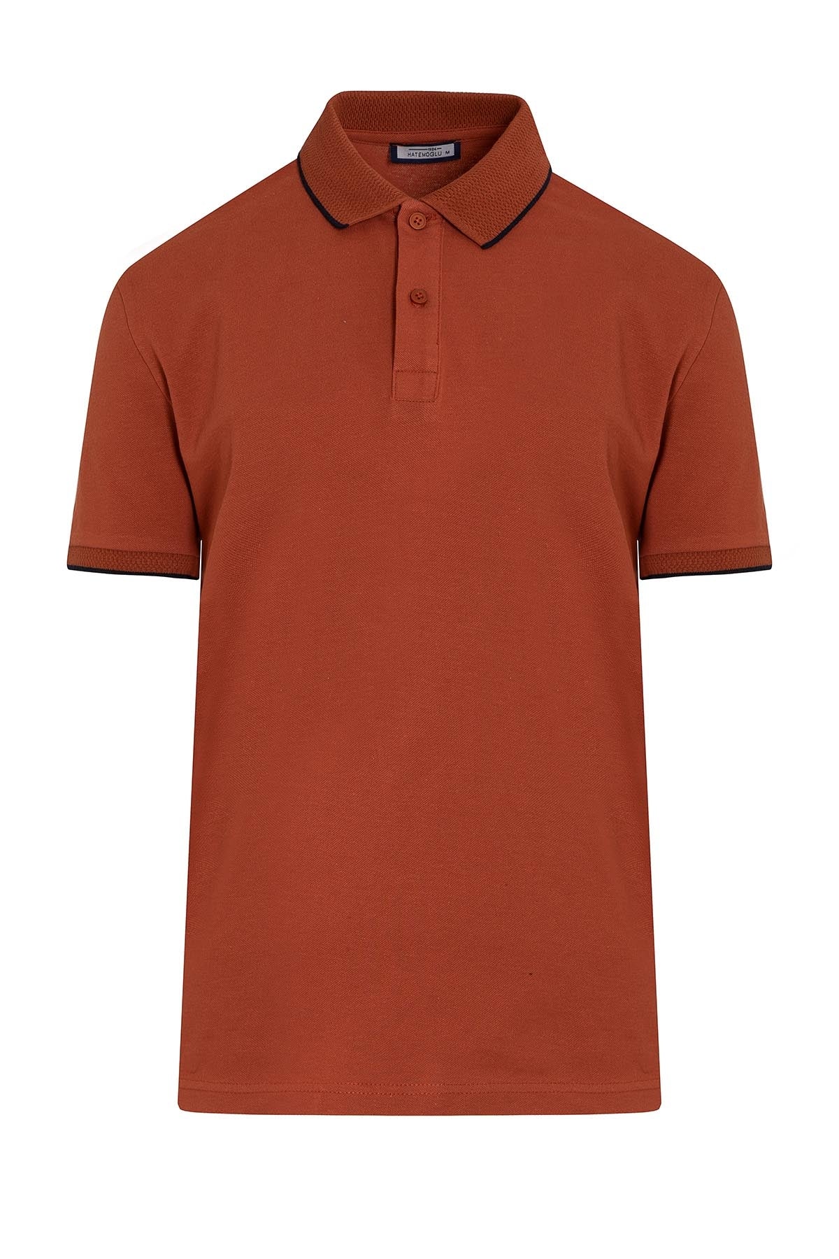 A rust-colored polo shirt with a contrasting black collar and sleeve trim.