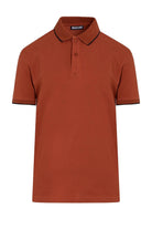 A rust-colored polo shirt with a contrasting black collar and sleeve trim.