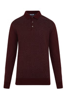A maroon long-sleeved polo shirt with a subtle textured pattern and silver buttons.