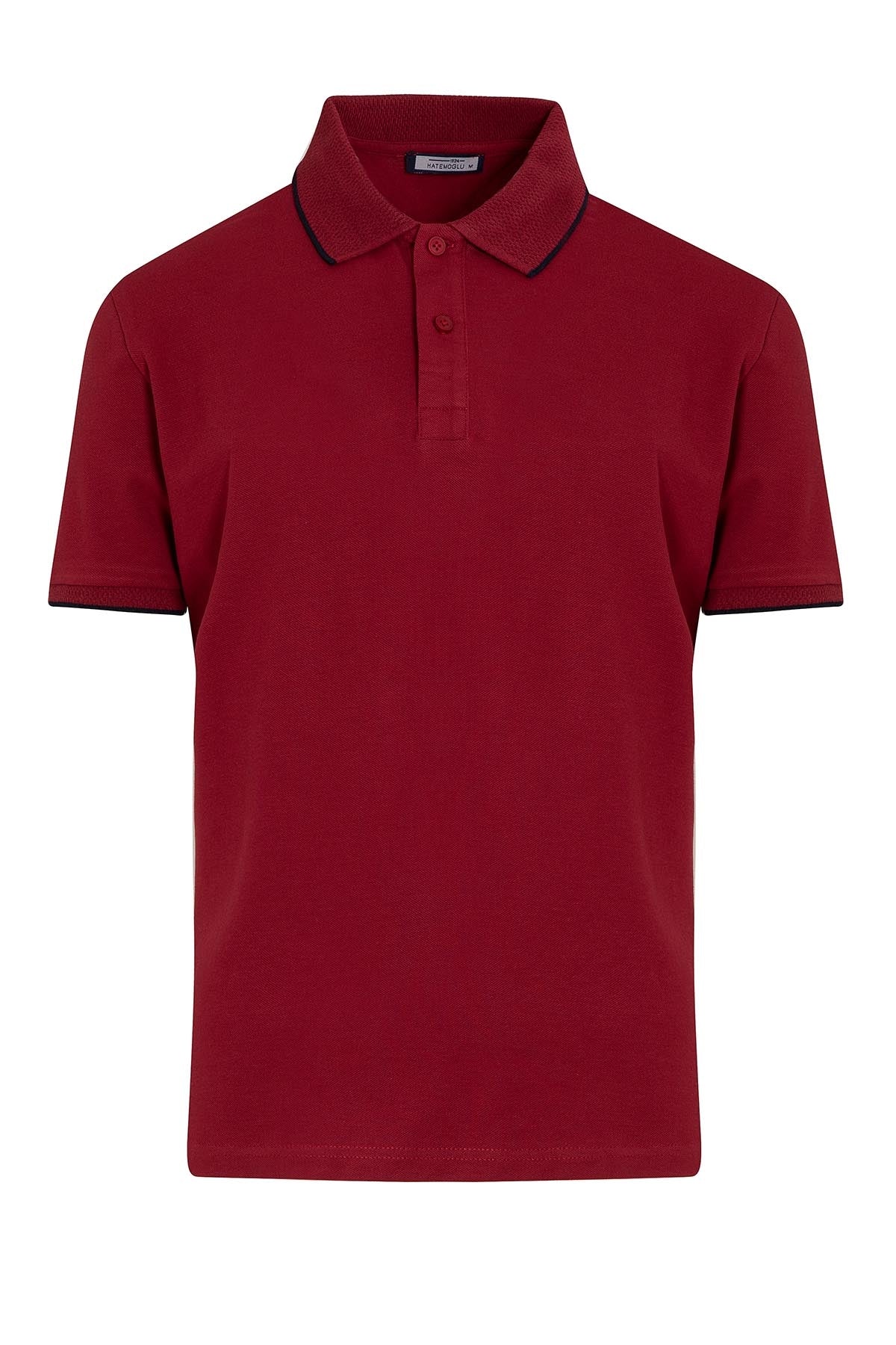 A rich red polo shirt with a contrasting black collar and sleeve trim, featuring a classic button-down front.