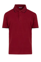 A rich red polo shirt with a contrasting black collar and sleeve trim, featuring a classic button-down front.