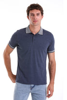 Navy blue textured polo shirt with gray collar and sleeve trim