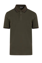 Olive green short-sleeved polo shirt with a ribbed collar and cuffs.