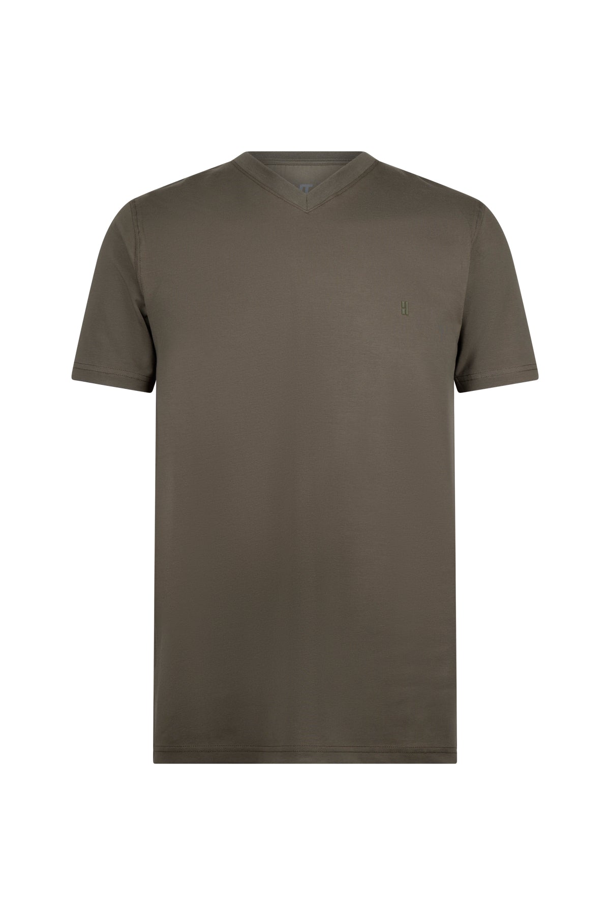 A sleek olive green v-neck cotton t-shirt with a subtle embroidered logo on the left chest.