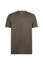 A sleek olive green v-neck cotton t-shirt with a subtle embroidered logo on the left chest.