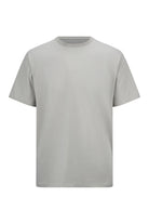 A minimalist gray crewneck t-shirt with a subtle embroidered logo on the left chest.