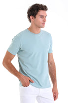 Light blue crew-neck cotton t-shirt with a subtle embroidered logo on the left chest.