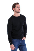 Regular Fit Cotton Blend Navy Crewneck Sweater - SAYKI