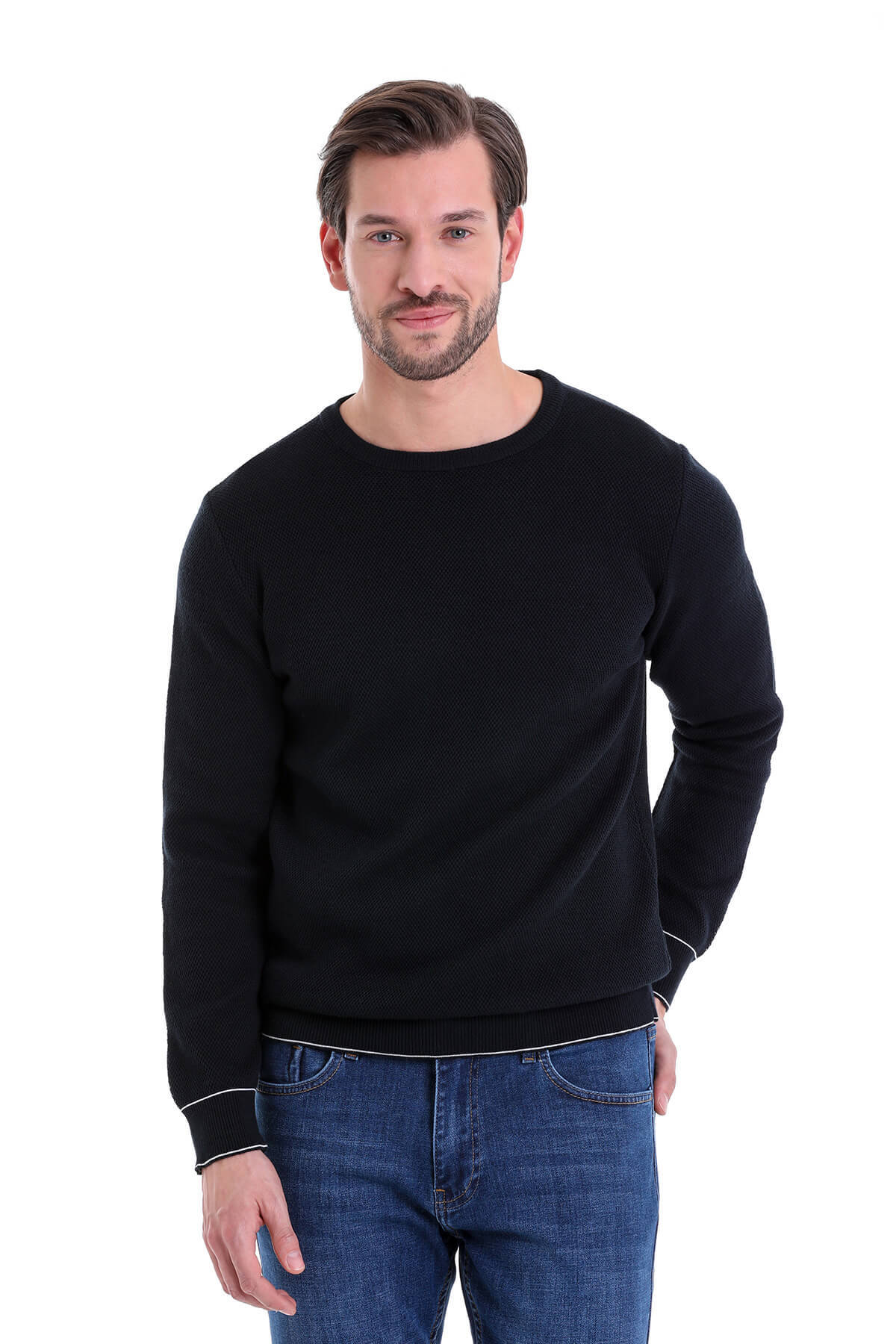 Black crewneck sweater with subtle textured knit and contrasting white trim along the cuffs and hem.