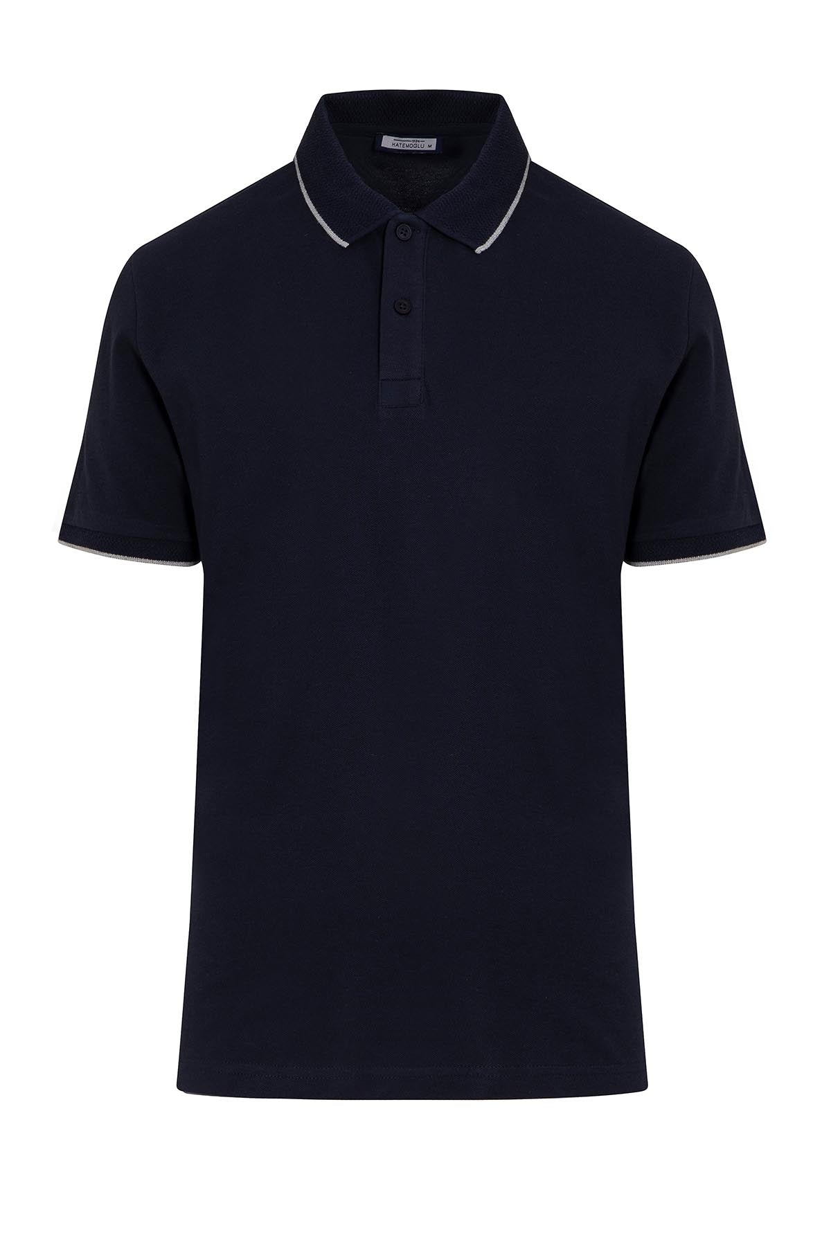 Black polo shirt with white trim on the collar and sleeve cuffs.