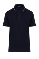 Black polo shirt with white trim on the collar and sleeve cuffs.