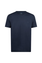 Dark navy blue short-sleeved v-neck t-shirt with subtle embroidered logo on the chest.