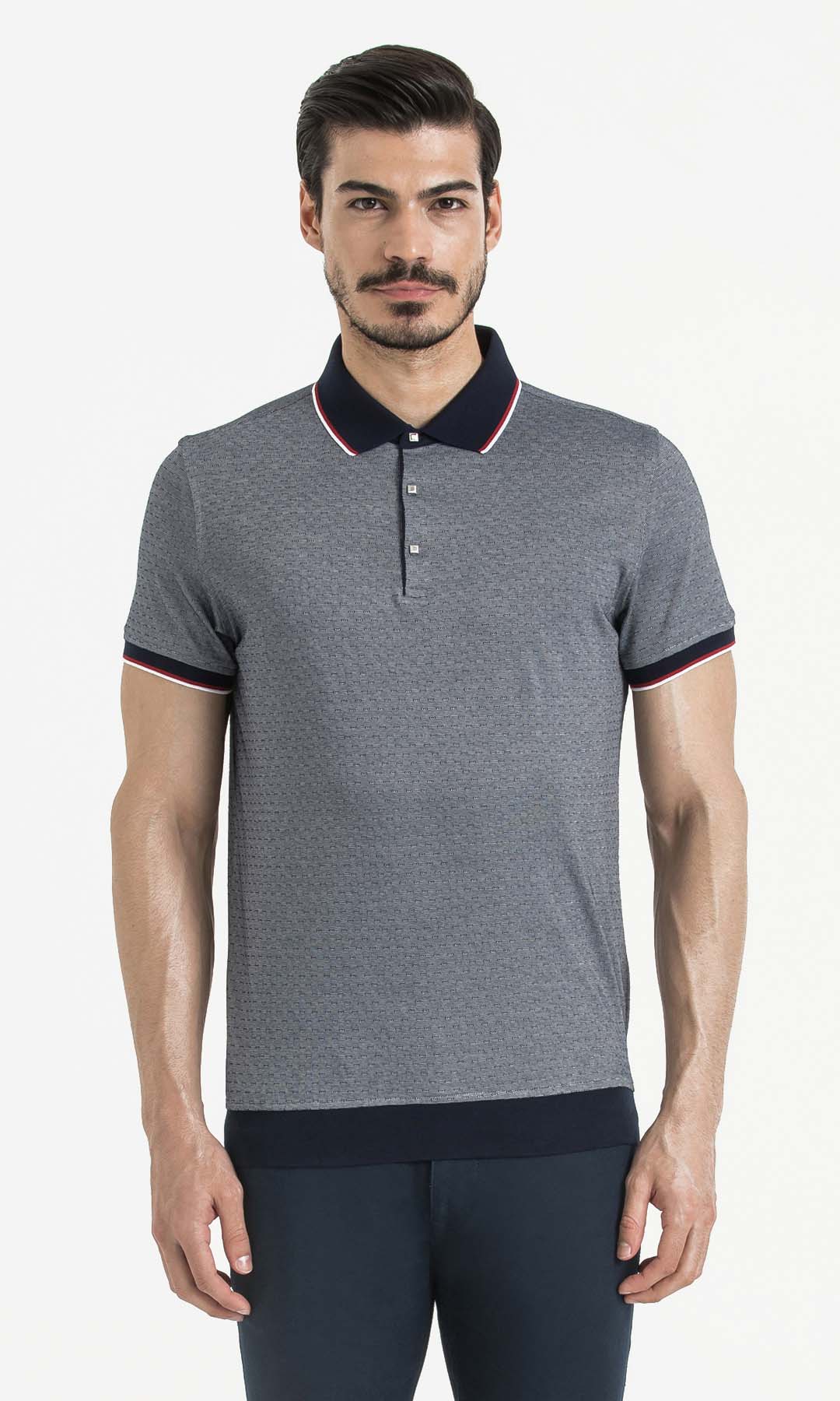 Gray textured polo shirt with navy collar and sleeve trim accented by thin red piping.